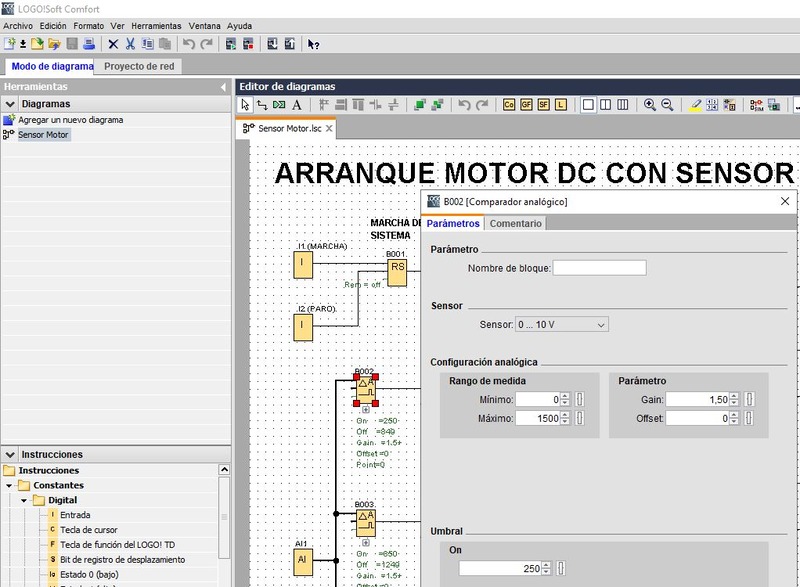 Motor con sensor velocidad en LOGO y activar salidas según rpm