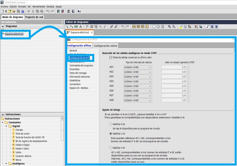 Configuración de entradas y salidas digitales y analógicas en el proyecto