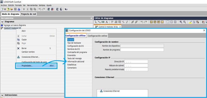 Herramientas de software LOGO y propiedades del proyecto