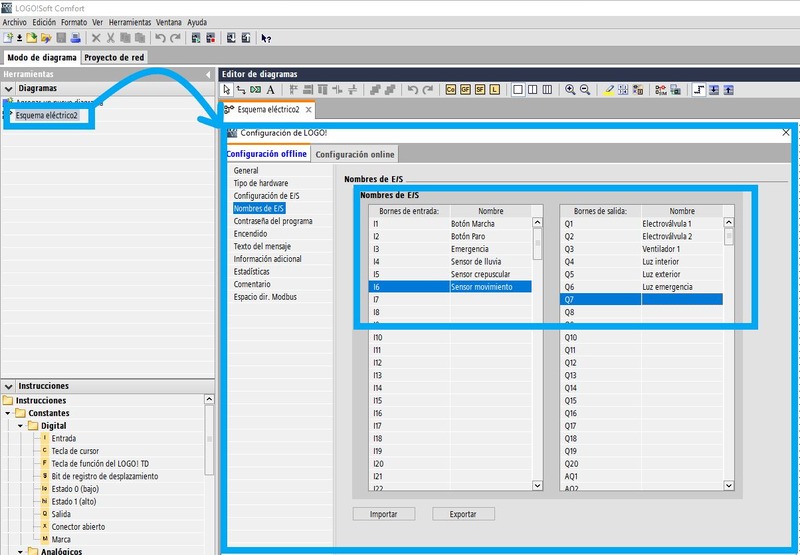 Identificar los nombres de entradas y salidas de la automatización con LOGO Siemens