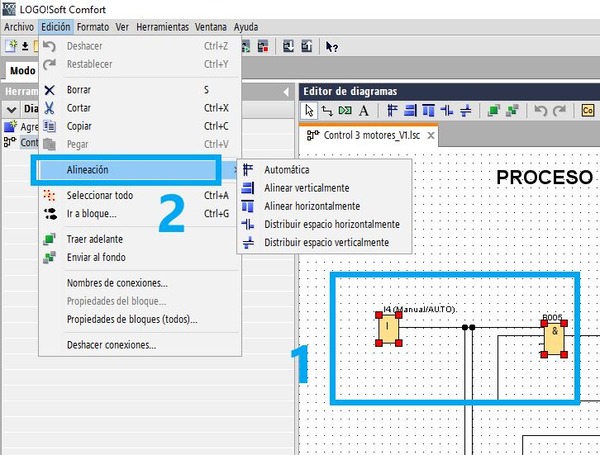 Opciones de alineación de bloques en herramientas software LOGO