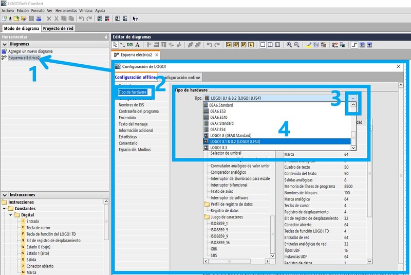 Seleccionar tipo de Hardware al crear proyecto nuevo LOGO Siemens