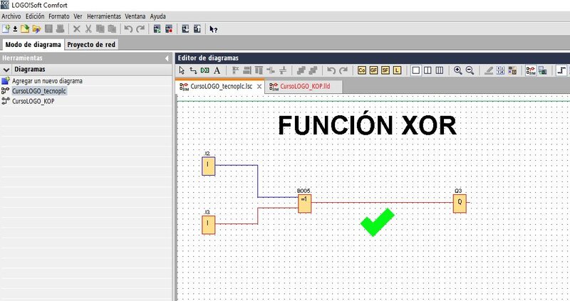 Función XOR LOGO Siemens deja pasar la señal cuando las entradas tienen diferente valor