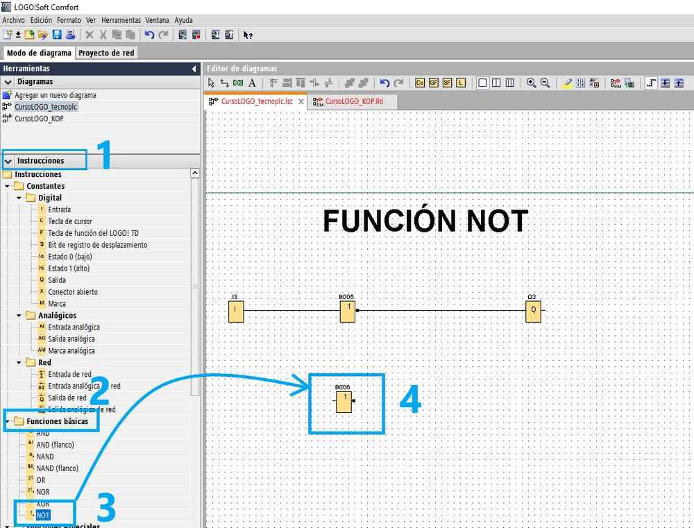 Dónde está la función NOT LOGO Siemens en el proyecto LOGOSoft