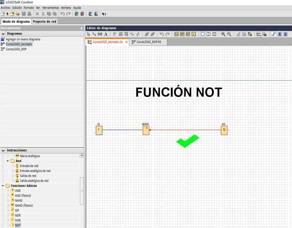 Función NOT LOGO Siemens deja pasar la señal si la entrada está desactivada