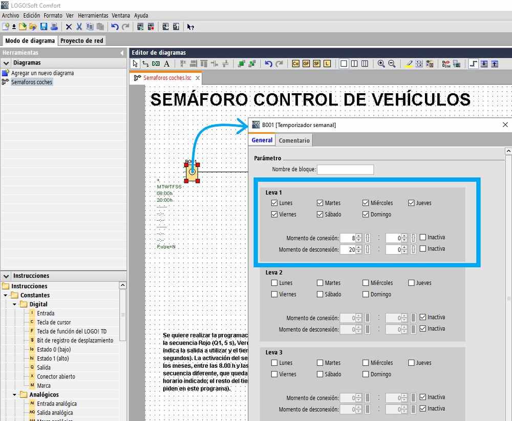 Inicio del sistema para programar semáforo vehículos LOGO con control horario