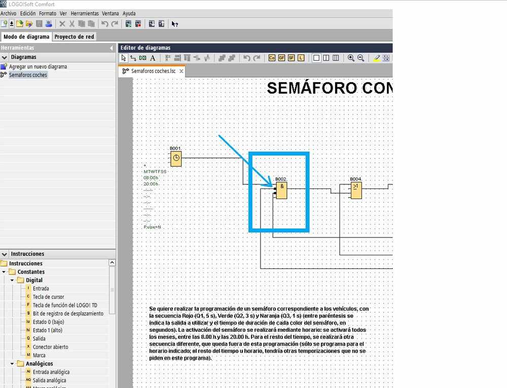 Uso de entradas negadas para programación de semáforos de coches con LOGO Soft Comfort