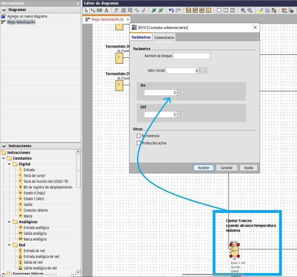 Contador para alarma al programar riego por nebulización con LOGO Soft