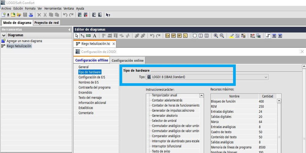 Hardware utilizado para programar riego por nebulización con LOGO Soft