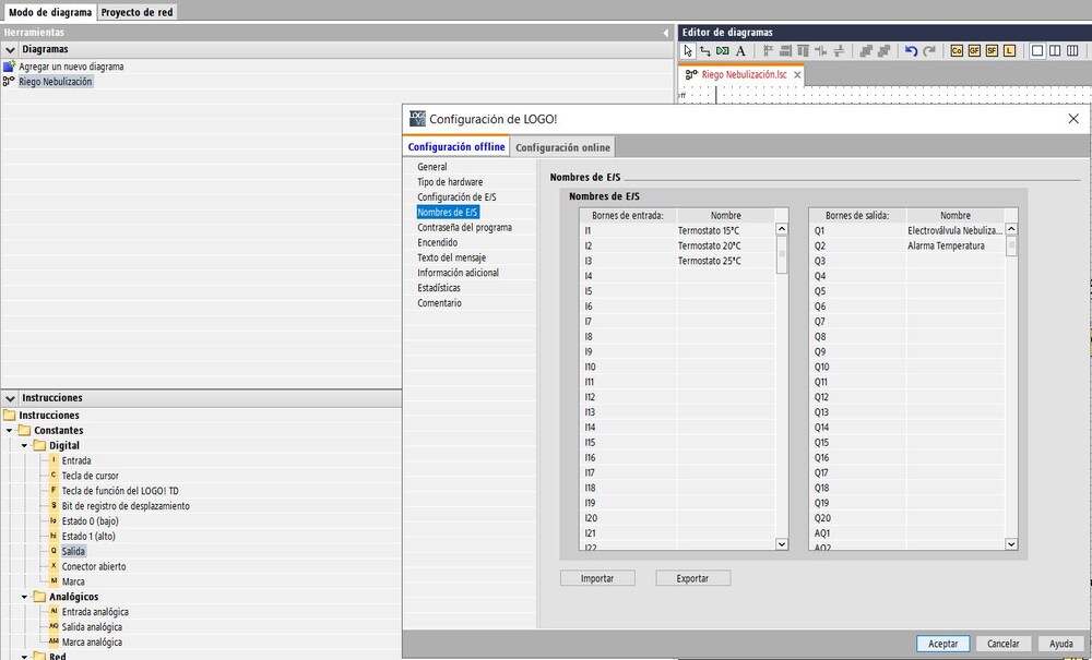 Variables utilizadas en el control Riego Nebulización con LOGO