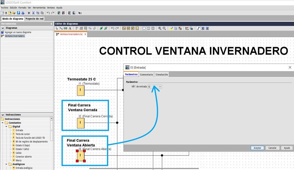 Entradas de finales de carrera para programar ventana invernadero con LOGO Soft Siemens