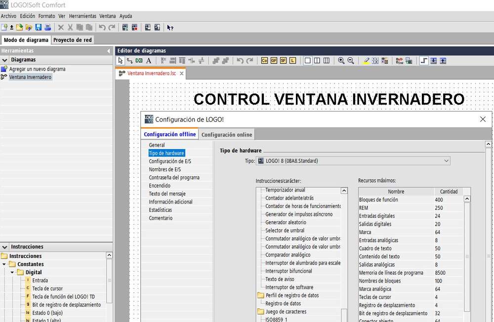 Hardware utilizado para programar las ventanas del invernadero con LOGO Siemens