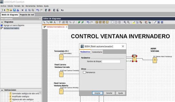 Relé autoenclavador para programar apertura y cierre de ventana invernadero con LOGO