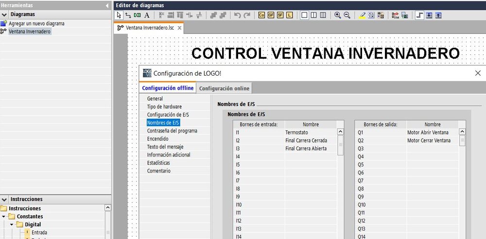 Tabla asignación entradas y salidas para programar ventana invernadero con LOGO