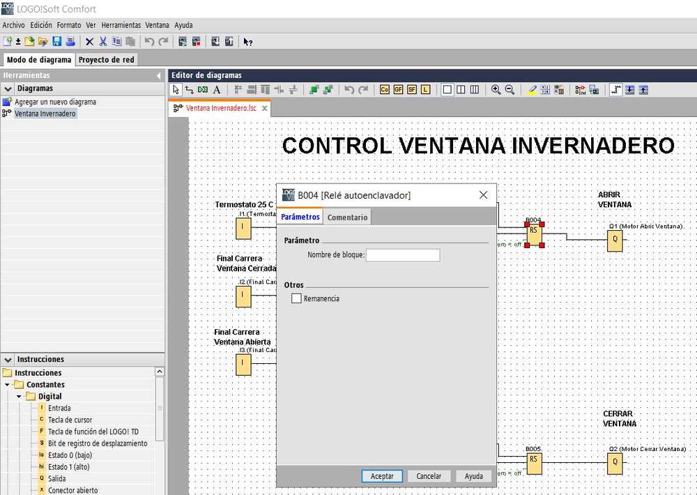 Uso de set reset en las funciones del control de apertura y cierre de ventanas con LOGO