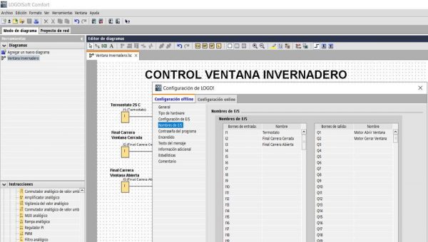 Variables y tabla de entradas y salidas del programa control ventanas